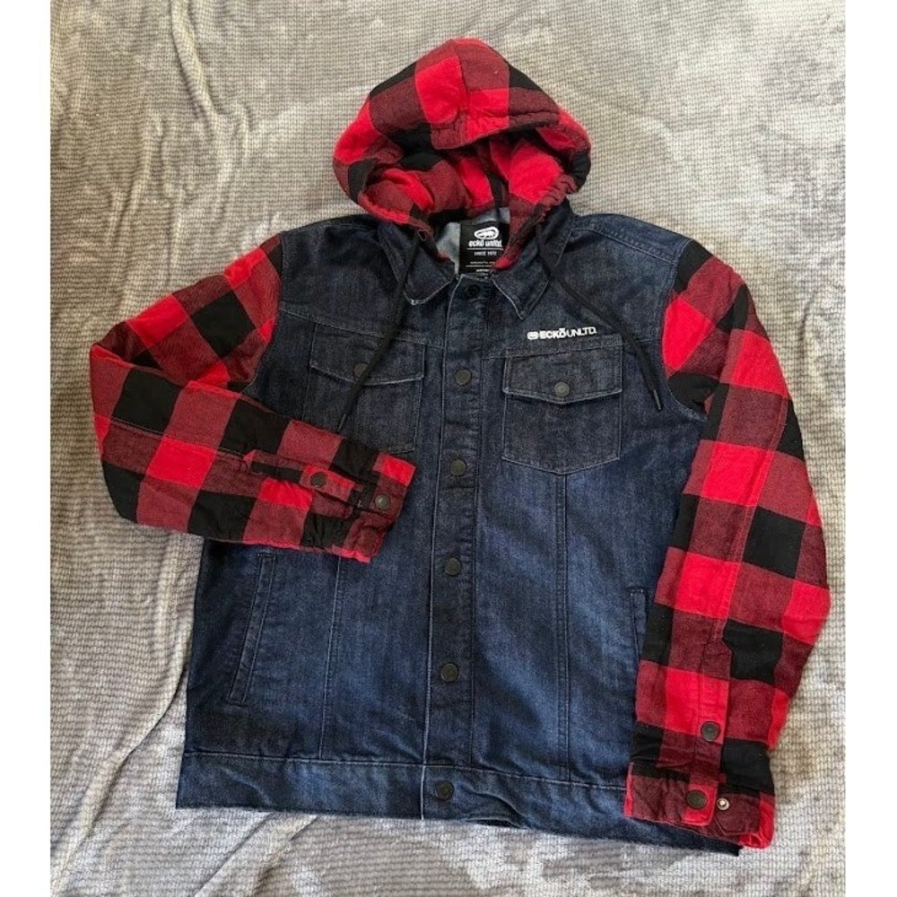 VTG Ecko Unltd Mens L Denim Trucker Jacket Hooded Plaid Flannel Sleeves Blue Y2K